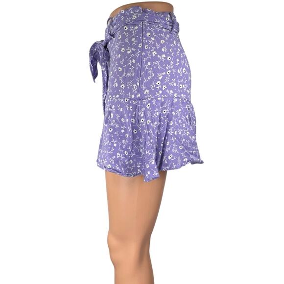 Zara Purple White High Waisted Floral Belted Tie Ruffle A Line Mini Skirt Size M - Picture 2 of 4